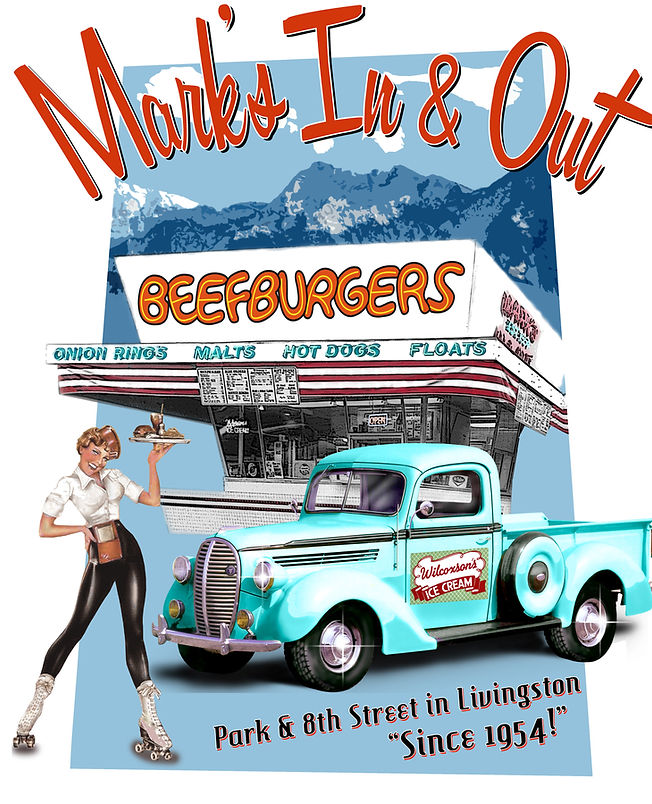 Scene from Mark's In and Out Beefburgers in Livingston Montana showing the classic 1950s drive-in atmosphere