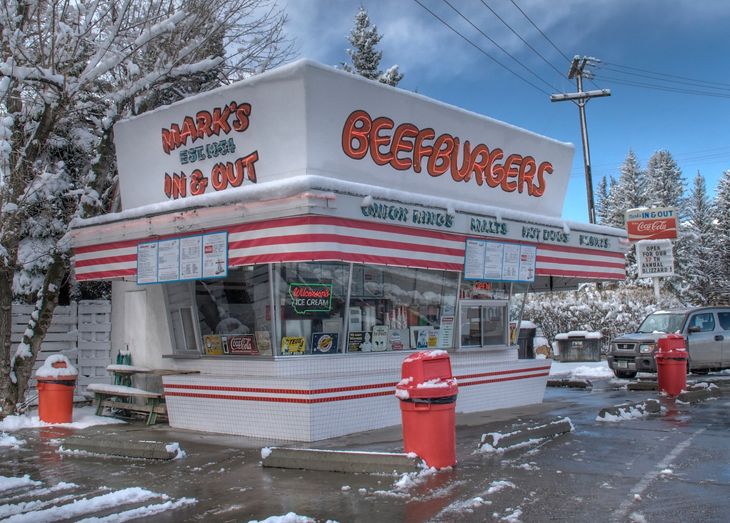 Gallery photo from Mark's Beefburgers showing the community around this 1950s Livingston Montana drive-in