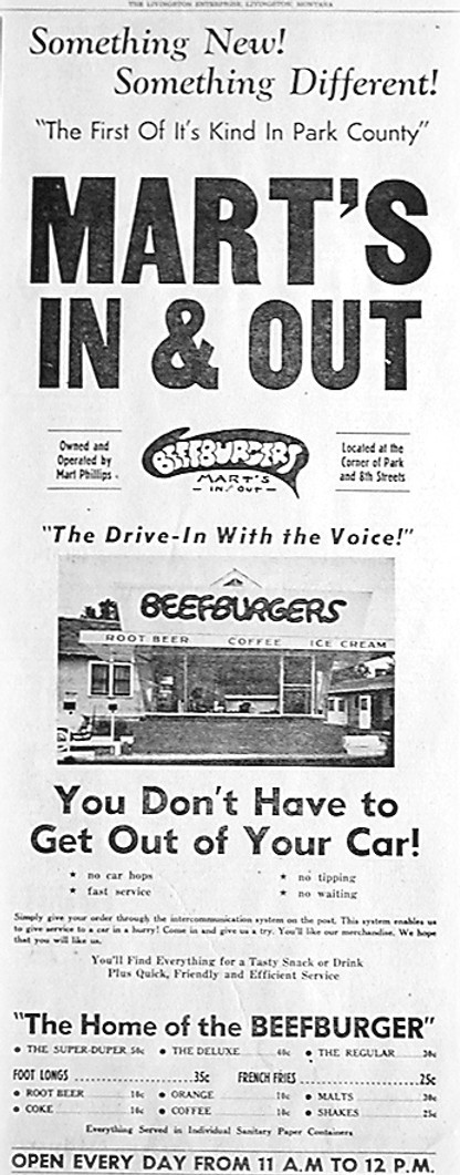 Original 1950s newspaper advertisement for Mart's In and Out drive-in in Livingston Montana, showing menu prices and grand opening announcement