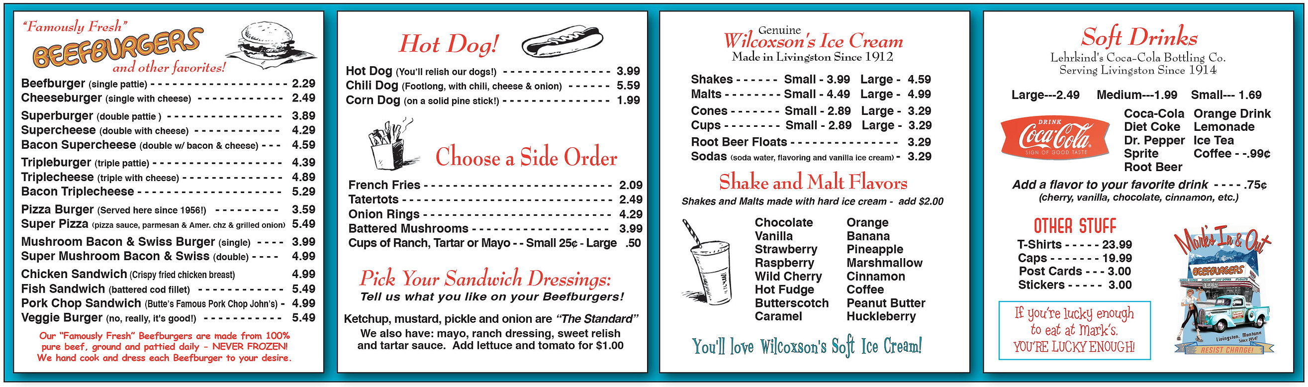 The physical menu board at Mark's In & Out Beefburgers showing all prices and items